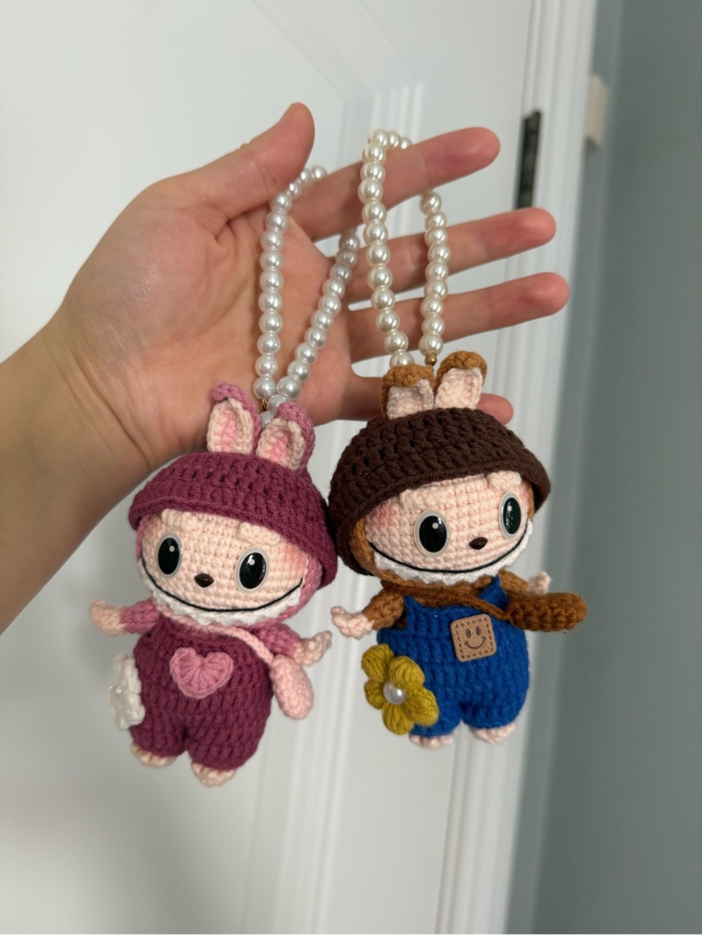 Handmade Labubu-Pink and Black Crochet Bunny Keychain charm